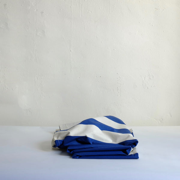 Waxed blue & white striped tablecloth