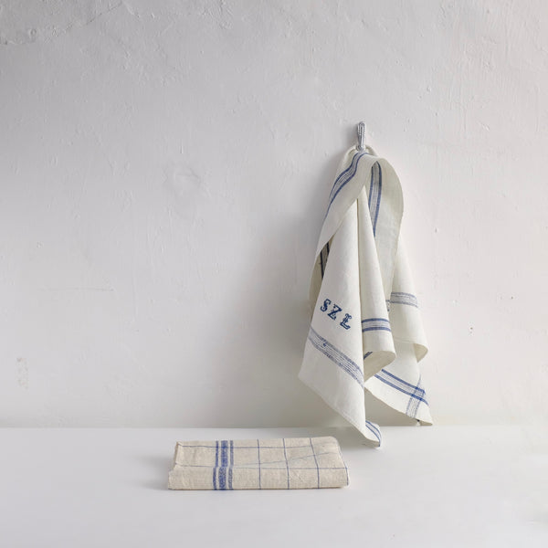 Vintage blue + natural linen tea towels