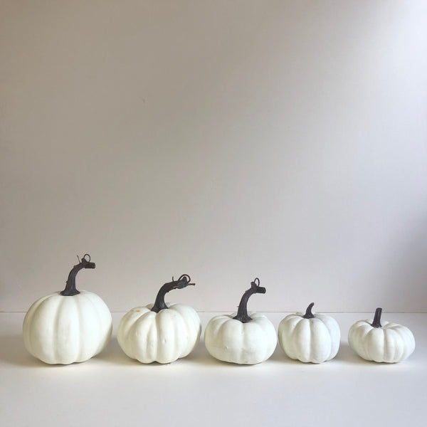 Set of six white faux pumpkins