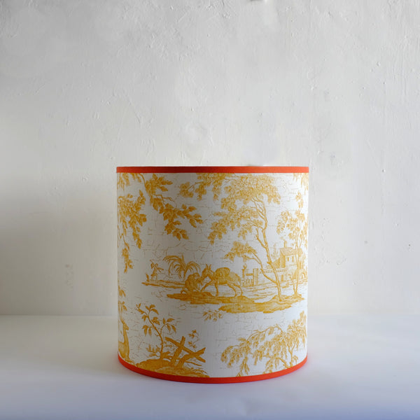 Yellow toile with senna trim lamp shade